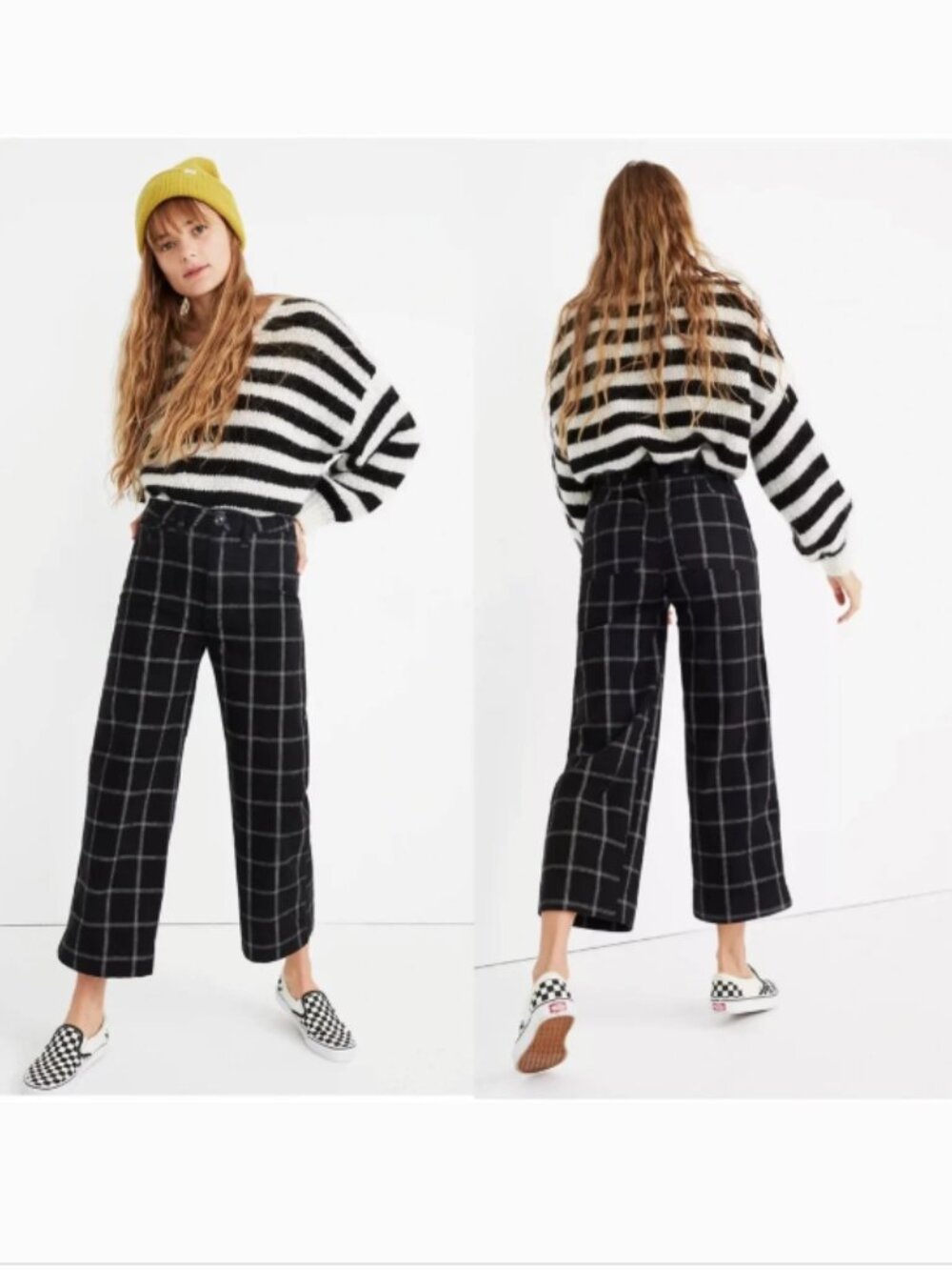 Madewell Emmett Wide-Leg Crop Pants in Black Windowpane